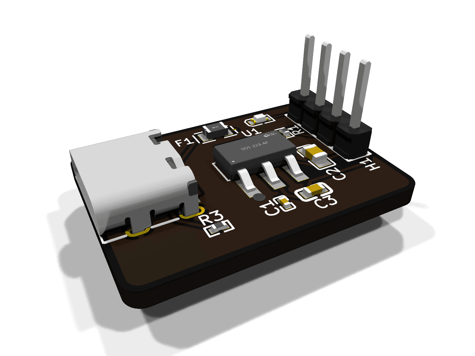 Circuited's USB-C to 3.3 V reference board, 25 × 18 mm: a USB-C connector, an AMS1117 regulator, a fuse, capacitors, a green LED and a four-pin header on a black board.